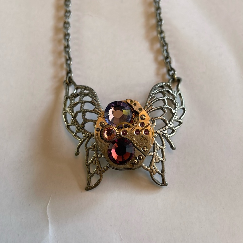 Unique Steampunk Butterfly & Rhinestone Necklace